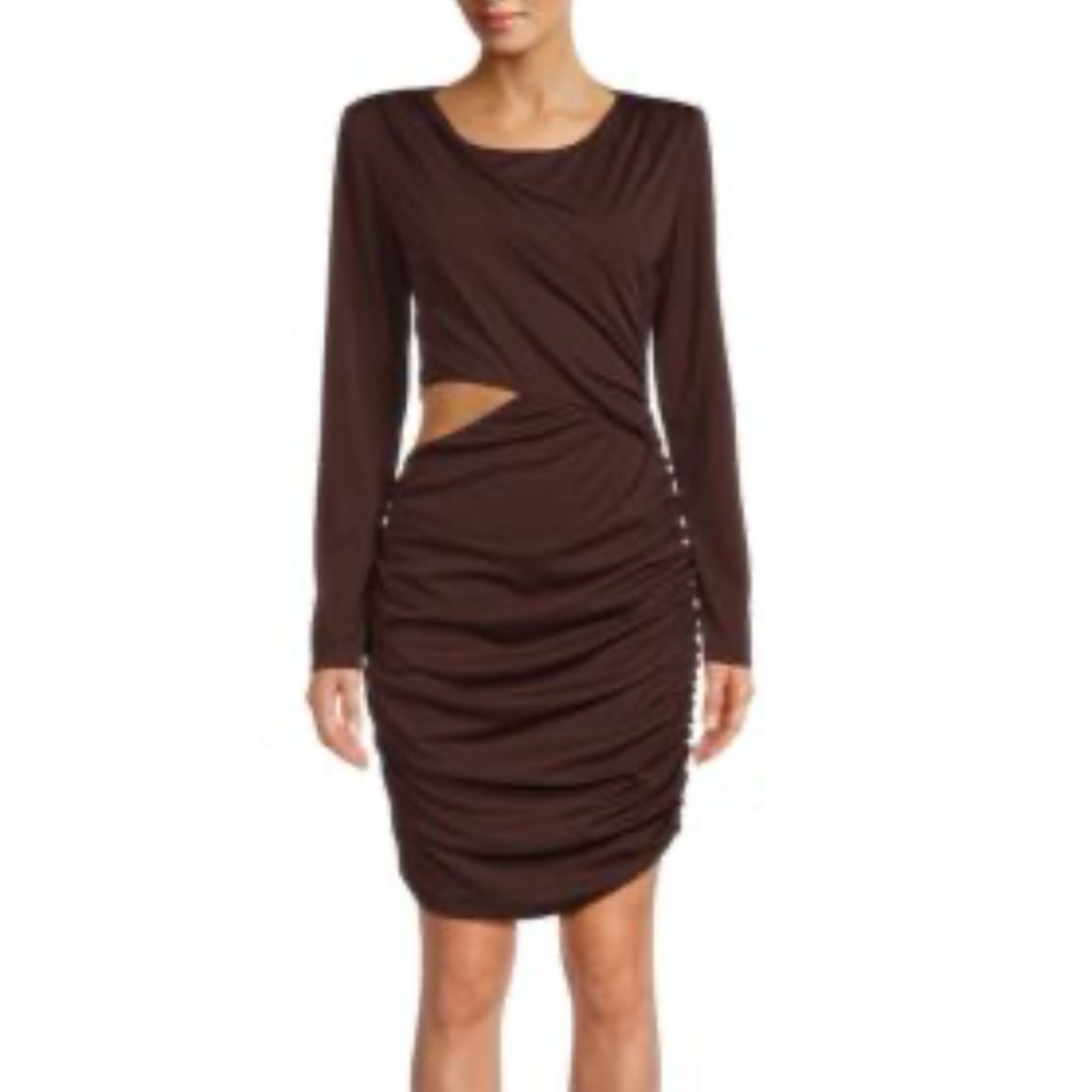 G by Guess brown Ruched Long Sleeve Bodycon Dress
